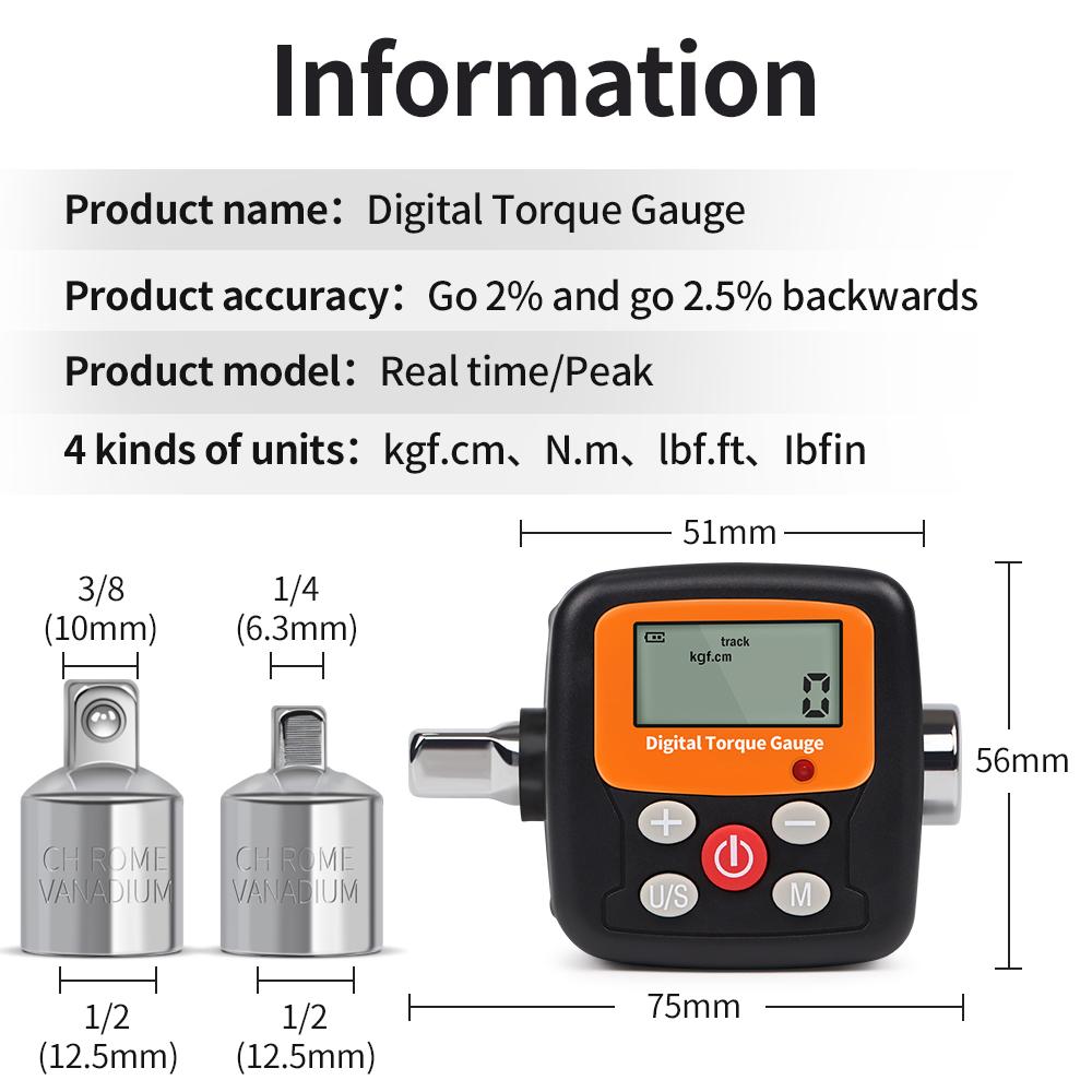 4-135N.m Digital Torque Gauge Adjustable Torque Meter kgf.cm N.m Ibf.ft Ibf.in Torque Wrench Adapter Repair Tool for Car Bicycle