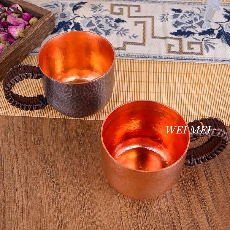 Pure Copper Vintage Coffee Mug,Home 200 ml Woven Handle Cold Drink Cups,Handcrafted Engraving Hammer Texture Tea Cup Drinkware