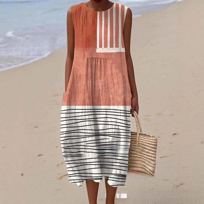 European and American New Summer Flower Ocean Printing European Size Round Neck Sleeveless Long Dress Creative Loose Dress