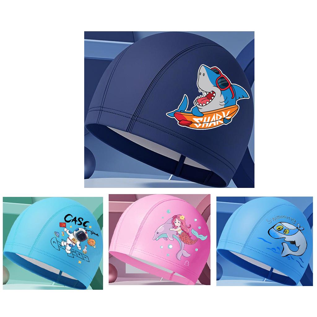 Comfortable Waterproof PU Swim Cap for Kids with Cartoon Print & Hair Protection