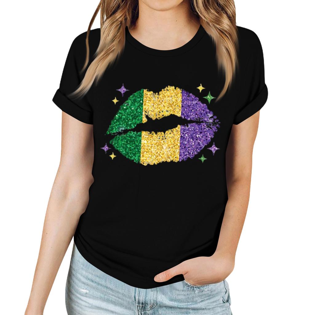 Women's Casual Carnival Print T-Shirt Round Neck Pullover Short Sleeve Top