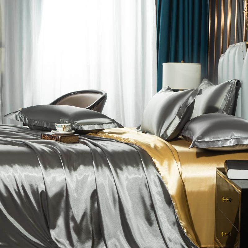 Luxury Mulberry Silk Duvet Cover Set High End Satin Solid Color Quilt Cover and Pillowcases Soft Silky King Size Comforter Cover