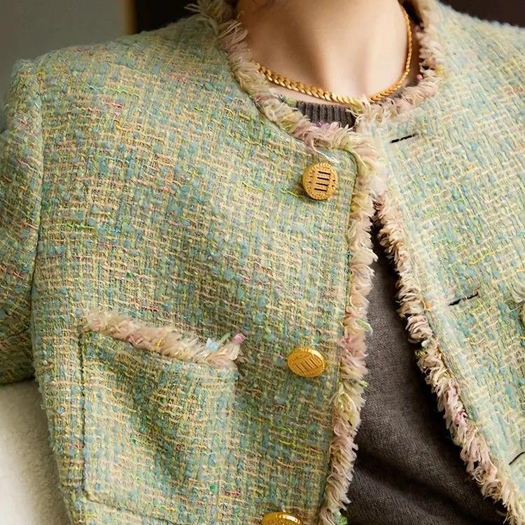 Korean Fashion Tweed Jackets Tops Women Casual O-neck Single Breasted Spring Fall Elegant Long Sleeve Manteau Blusas