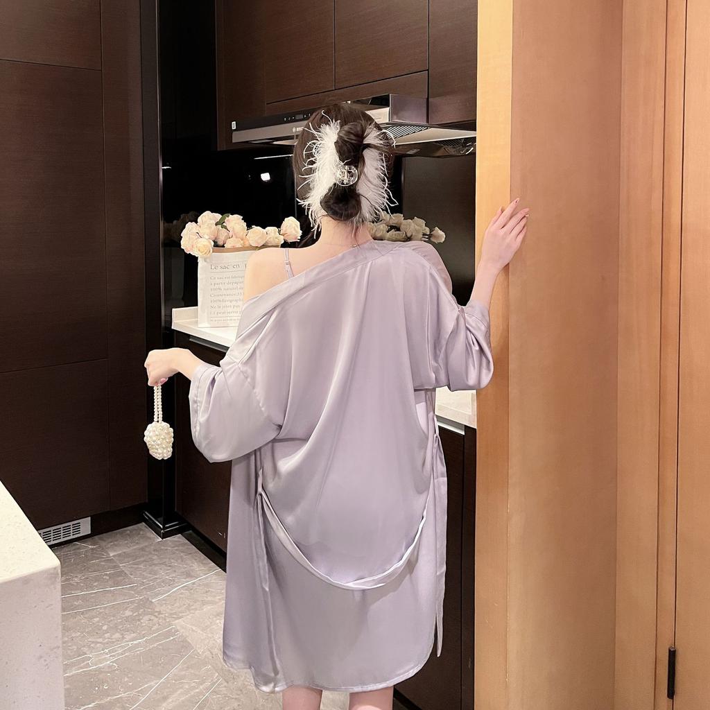 Sexy pajamas women's ice silk summer lace with chest pad suspender nightdress two-piece nightgown loungewear can be worn outside