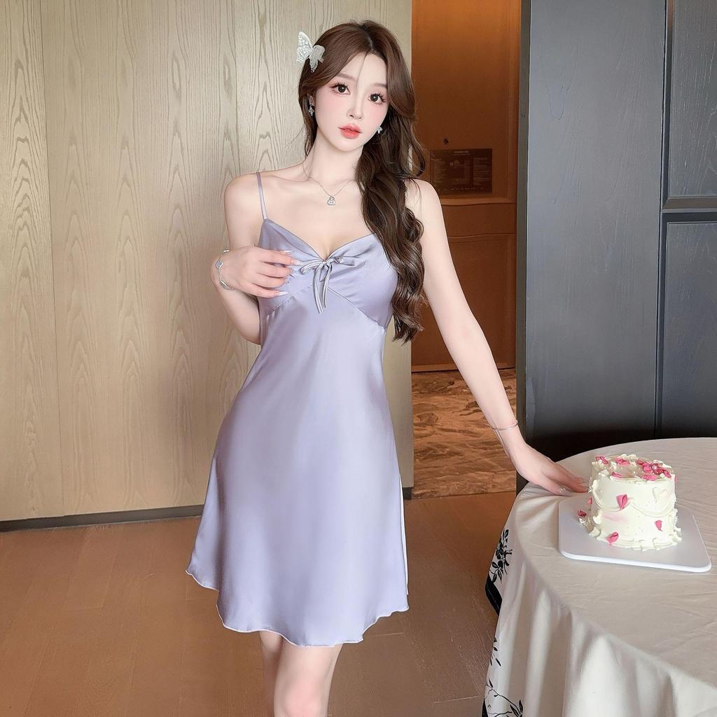 Korean Style Sexy Ice Silk Women's Nightgown - Summer Camisole Pajama Tank with Chest Pads