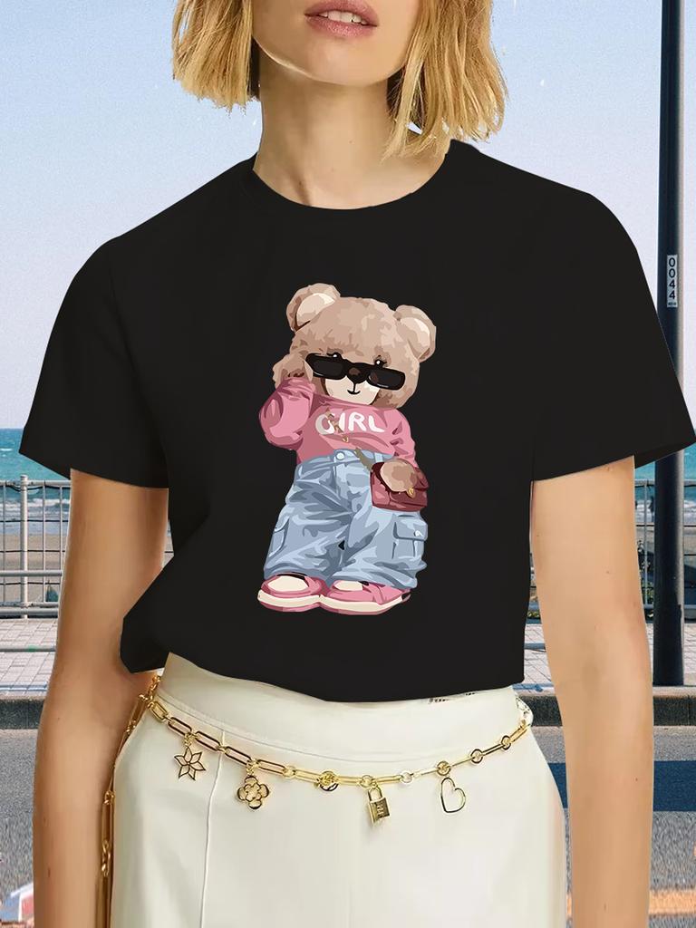 Cute Bear Print T-shirt Short Sleeve Crew Neck Casual Top For Summer & Spring Women's Clothing T Shirt Female Tops Streetwear