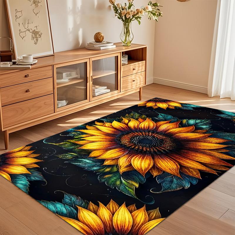 Striking Sunflower and Teal Leaf Print Area Rug, Soft Non-Slip Floor Mat for Living Room Bedroom Kitchen Home Decor