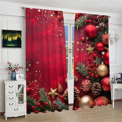 Christmas Pine Bulb Printed Curtains   Pole Bag Curtains   Christmas Decorations   Home Decorations   Room Decorations