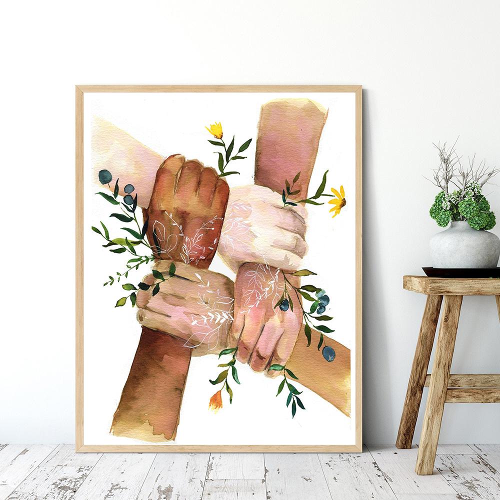 Strong Together Hand Wall Art Black White Yellow Skin Flower Abstract Poster Canvas Print Nordic Wall Pictures Room Decoration