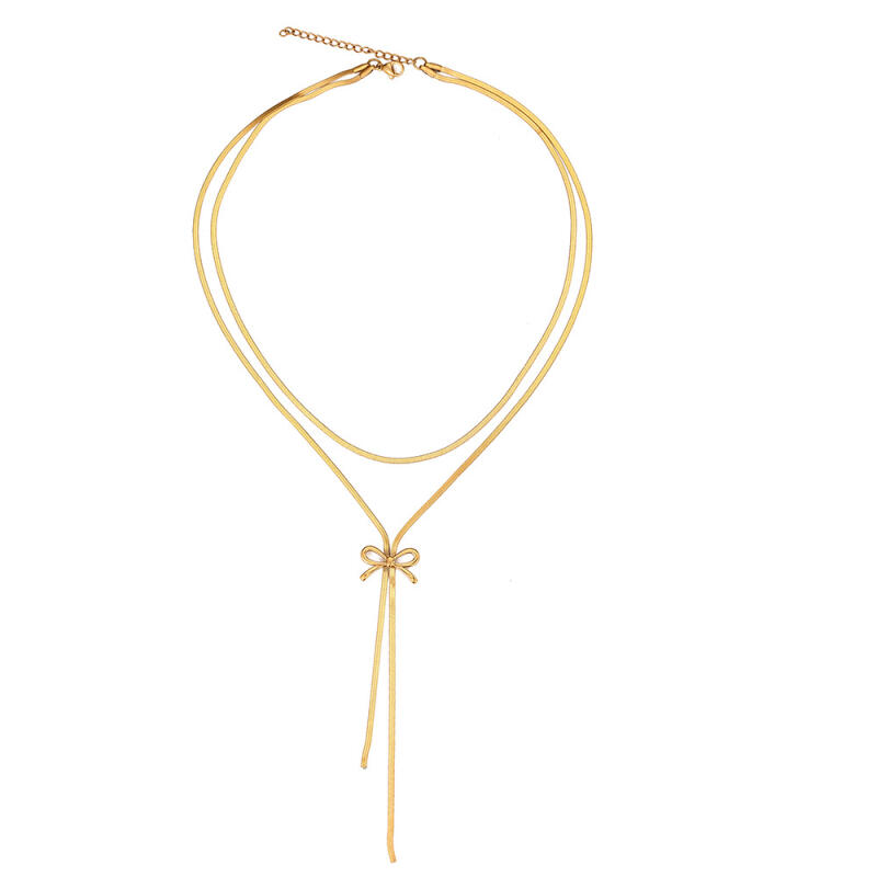 French Style Retro Minimalist Bow Necklaces for Women Ladies Stainless Steel Snake Bone Chains Long Pendant Necklaces Jewelry