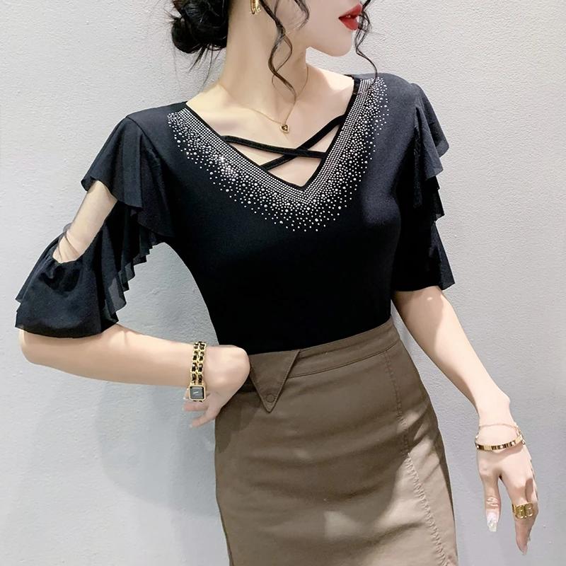 

Новая летняя европейская одежда женская футболка модная сексуальная с V-образным вырезом топы с блестящими бриллиантами шикарная с ажурной отделкой короткий рукав все сочетается футболки 3XL чёрный