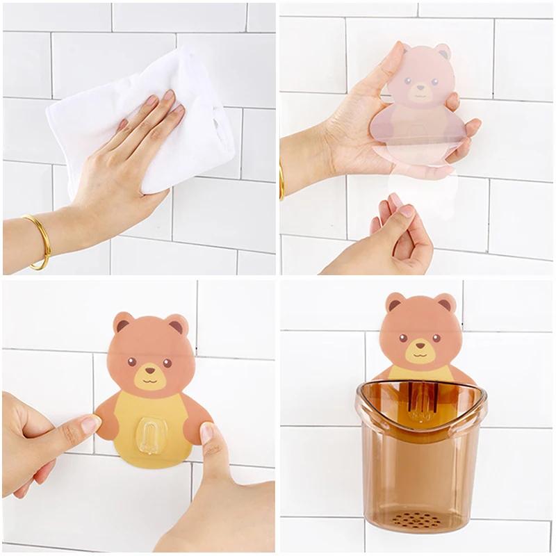 Bear Wall Mounted Toothbrush Holder Cup Punch Free Storage Rack Bathroom Supplies Organizer Bathroom Accessories