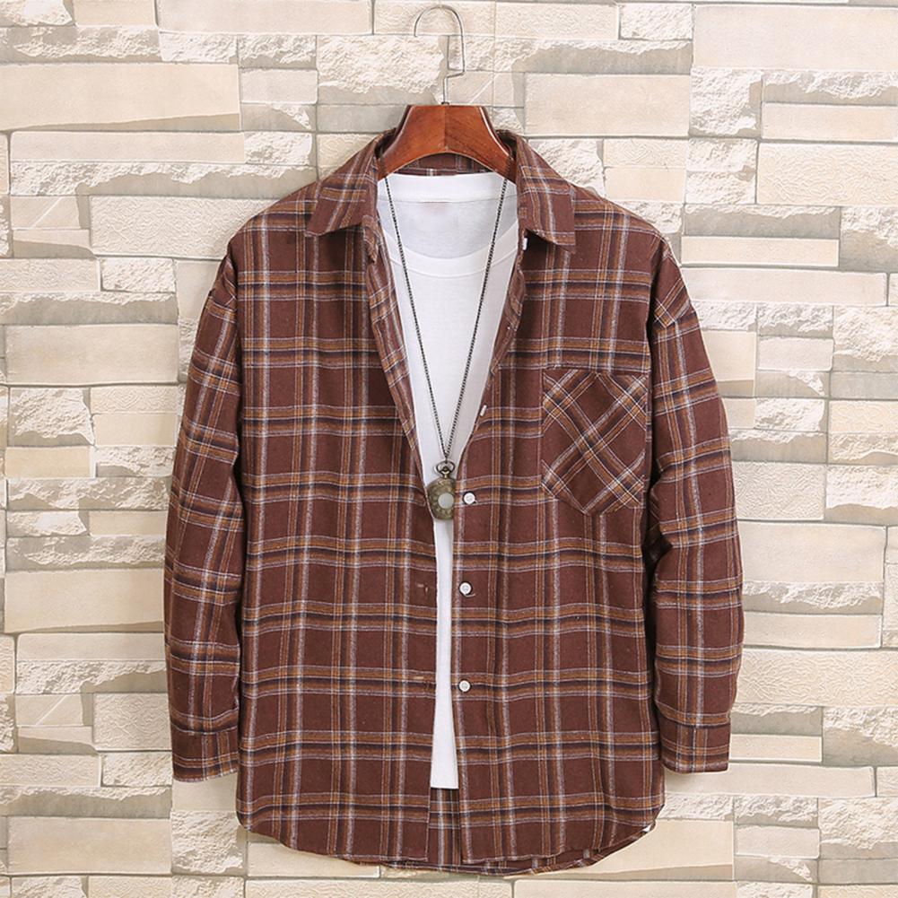 Herre Vår Høst Skjorte Nedslått Krage Enkeltspent Rutete Trykk Langermet Løs Passform Japansk Stil Cardigan Formell Business