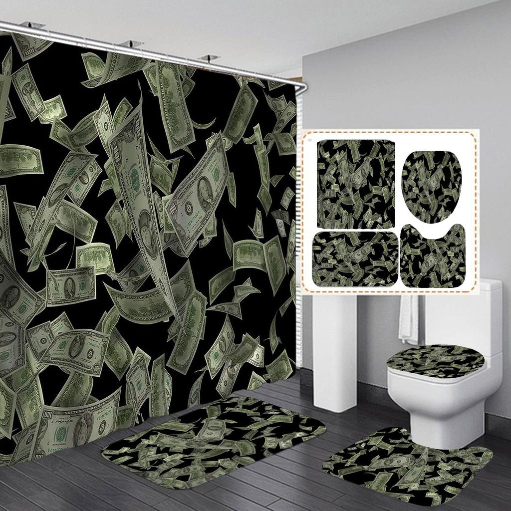 Money Shower Curtain Set Hundred Us Dollar Bills Cash Benjamin Franklin Profile Luxury Modern Bath Curtain Bath Rugs Toilet Mats