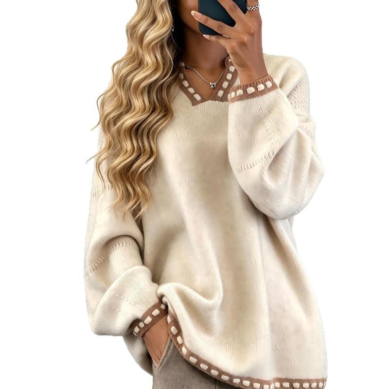 Europe, America 2026 Autumn and Winter New Versatile V-neck Knitted Sweater Loose Lazy Wind Sweater Women's Top