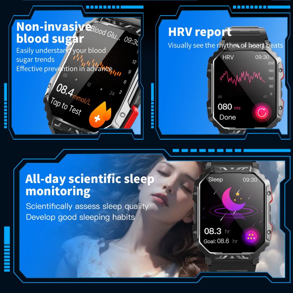 Rainbuvvy F407 Smart Watch 2.1 Inch Square Screen Heart Rate Blood Pressure Sleep Monitoring Calorie Flashlight Health Tracker Sports Watch