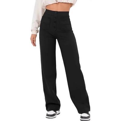 Spring and Autumn Women's High Waist Pocket Wide Leg Button Casual Loose Straight Pants