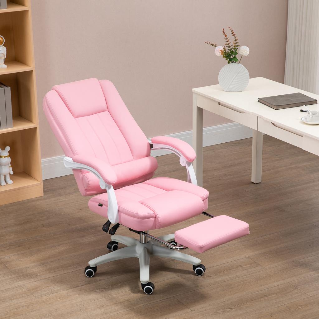 Office Chair with Footrest, Adjustable Backrest, Height-Adjustable, 5 Casters, Pink + White