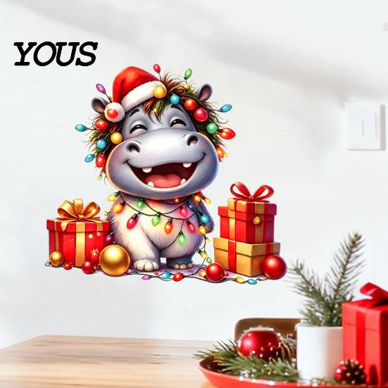 Self Adhesive Bathroom Glass Film Cartoon Hippo Christmas Wall Decal, Cute Sticker with Colorful Lights & Decorative Stickers for Balcony Xmas Balls,