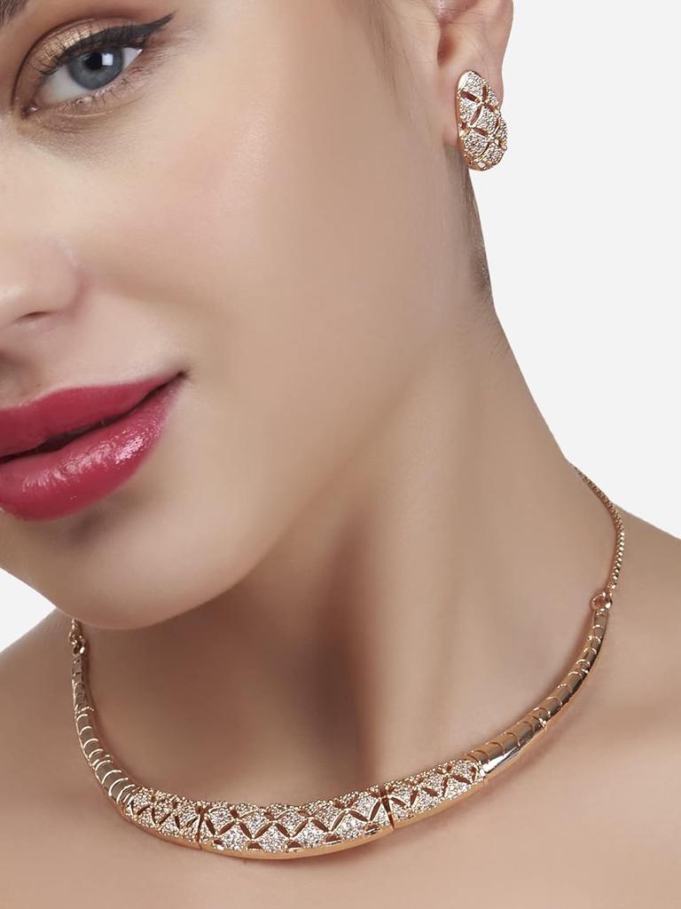 Rose Gold Cubic Zirconia Party Bling Necklace & Earring Set For Women-ZPFK15274