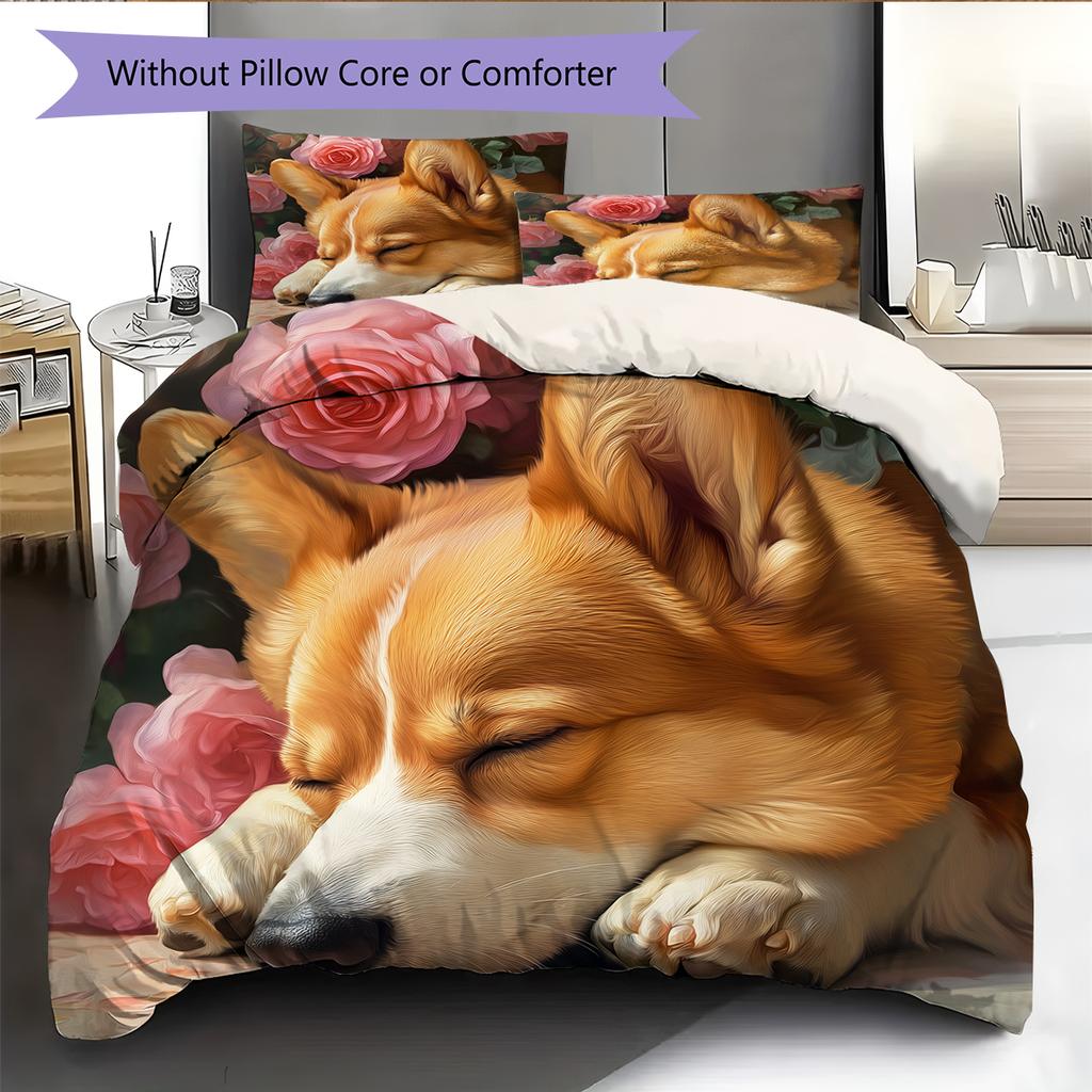 Corgi och Rosmönster Sängkläder Heminredning Födelsedagspresent (1 * påslakan + 2 * örngott, utan kärna)