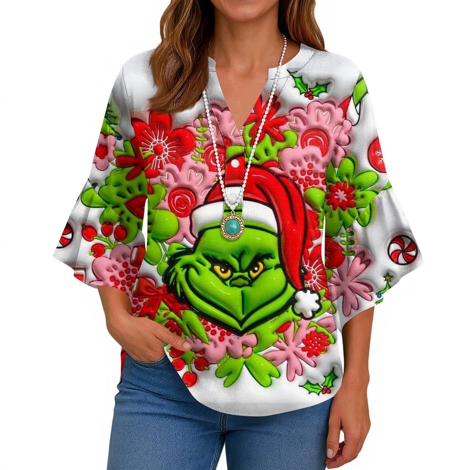 

3/4 Sleeve Shirts For Women Cute Print Graphic Tees Blouses Casual Plus Size Basic Ruffled Sleeve Tops Pullover M