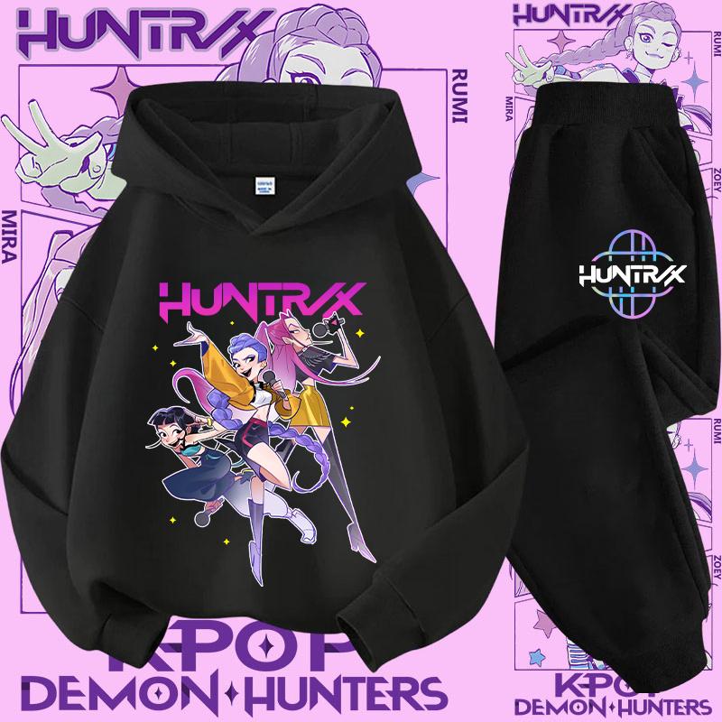 New K-pop Demon Hunter 3 - 12-year-old Girls' Sportswear 2-piece Cute Casual Top Children's Hooded Shirt Set with Cartoon Print