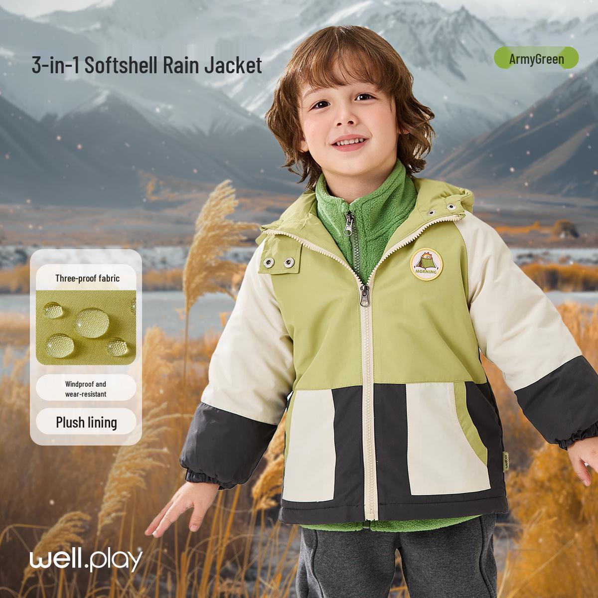 

Wilberlu Kids 3-in-1 Windproof Hooded Jacket Set - Color Block, Spring/Autumn 100
