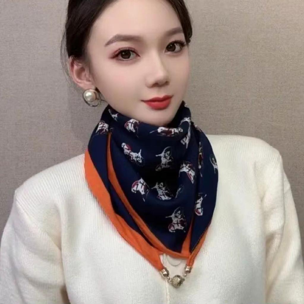 Magnetic buckle cotton and linen small square scarf silk scarf women's spring and autumn versatile neck protection scarf triangular scarf new warm sca