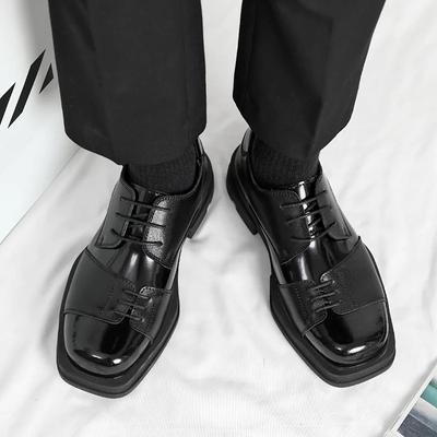 Fashion Men Genuine Leather Derby Shoes Vintage Square Toe Male Lace Up Platform Dress Shoes Black Business Footwear Wedding Shoes