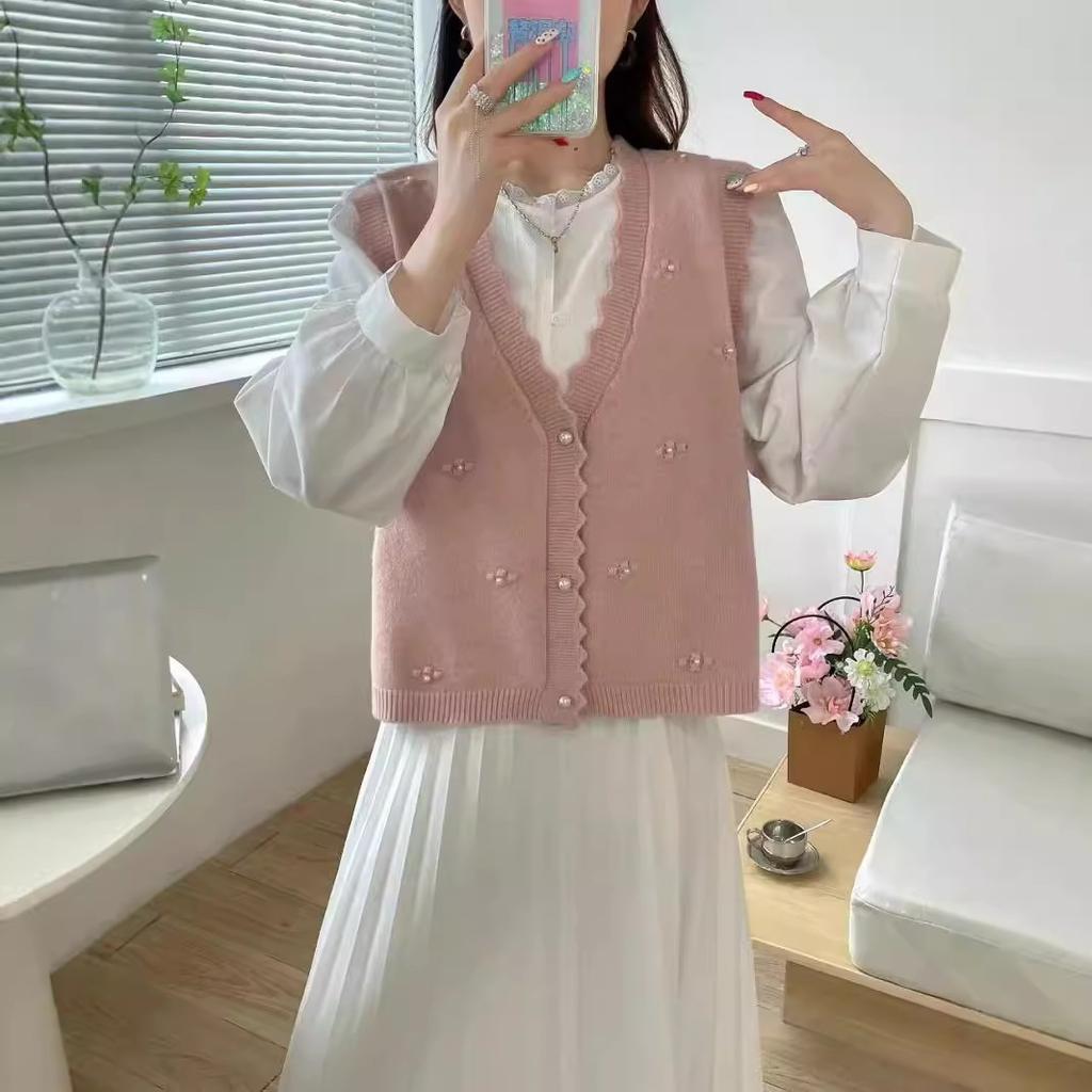 Autumn Sweater Vest Women Beaded Preppy Style Thin Sleeveless Knit Cardigan Waistcoat