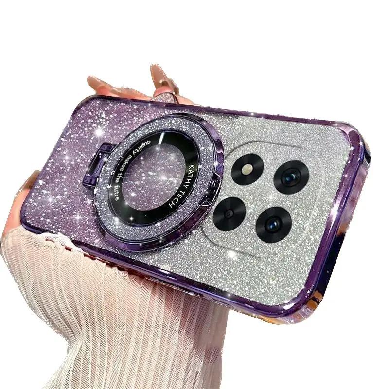 Luxury Plating For Redmi Note 14 Pro Plus 5G Magnetic Stand Holder Glitter Diamond Case For Redmi Note 14 4G/5G Silicone Cover