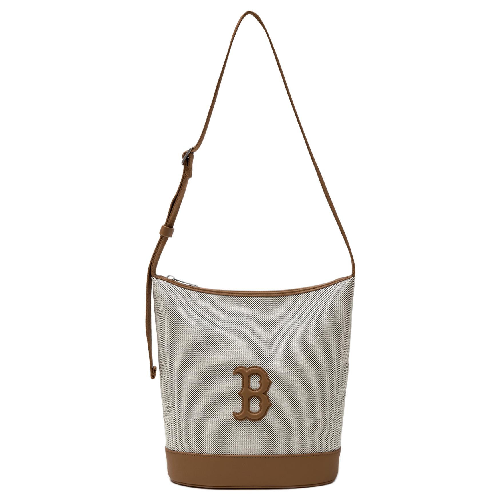 

MLB Basic Boston Red Sox Logo Leather Trim Cotton Polyester Bucket Bag Women Bags Brown 3ABMBC15N-43BRD Brown