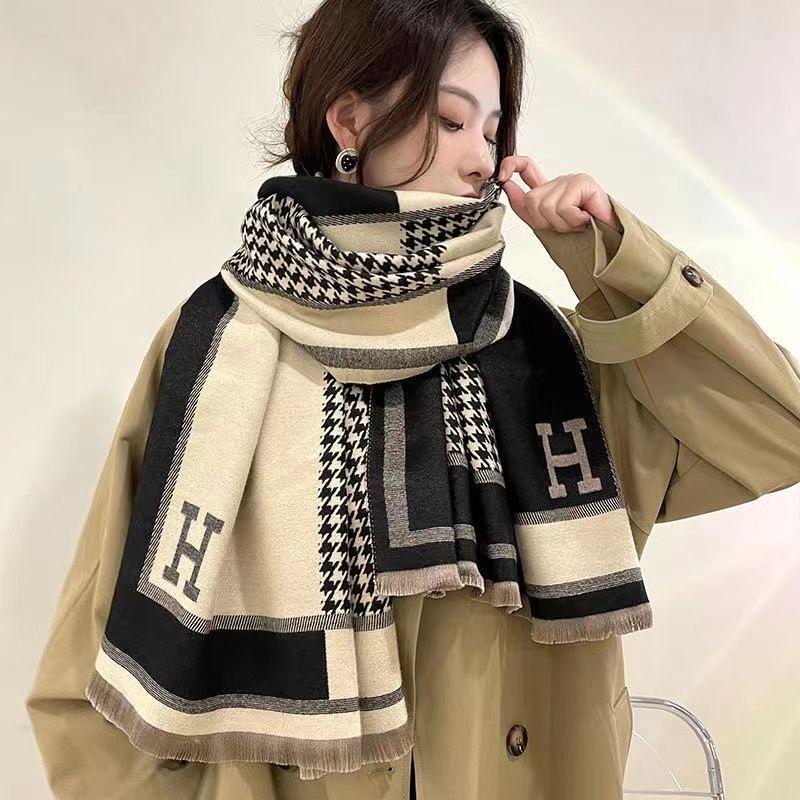 New Chidori Letter Jacquard Scarf Women's Winter Korean Style White Collar Versatile Thickened Scarf Imitation Cashmere Warm Shawl