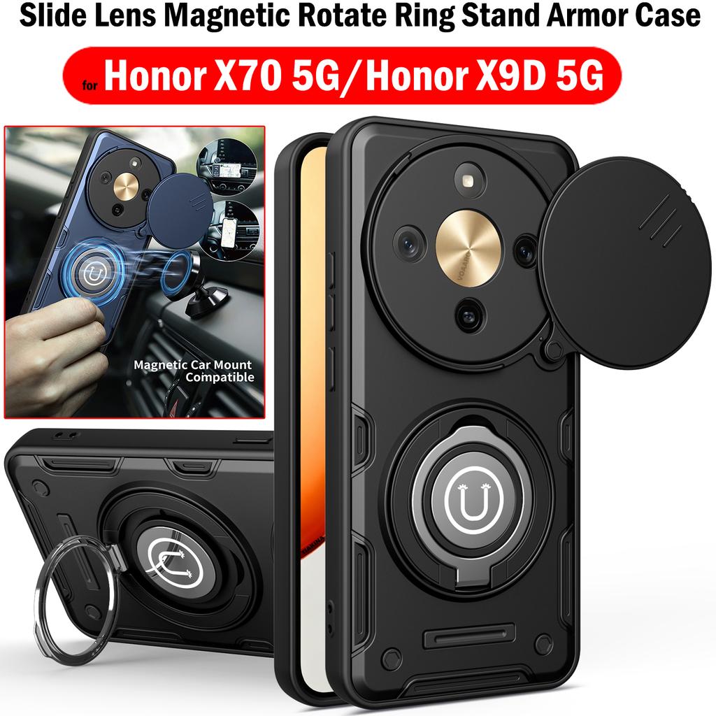 Slide Lens Camera Protection Funda for Honor X9D 5G Case Magnetic Rotate Ring Kickstand Cover for Honor X70 5G Armor Case