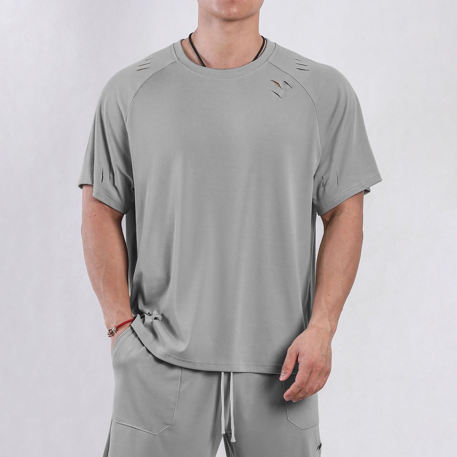 

Мужская летняя свободная, дышащая, повседневная однотонная футболка с круглым вырезом и уникальным ощущением разрыва, топ для фитнеса и спорта XL