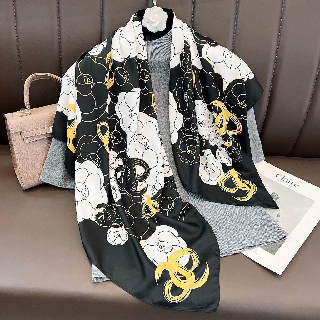 90CM Large Square Scarf Women Silk Feel Twill Neck Scarf Spring Autumn Fashion Shawl Wrap Decorative Outerwear