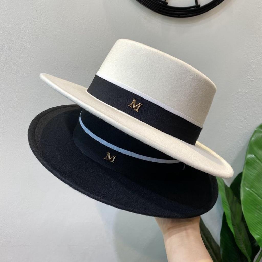 European and American Retro M Standard Internet Celebrity Top Hat Autumn and Winter Fashion Versatile White Woolen Flat Hat Elegant Temperament Jazz