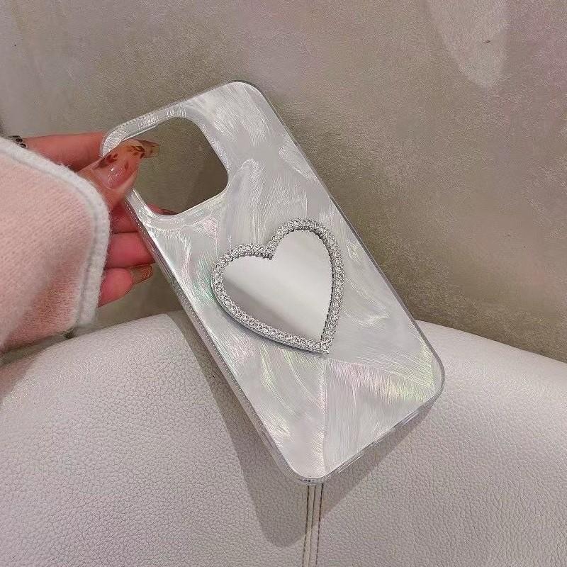Luxury Diamond Love Heart Makeup Mirror Laser Phone Case For iPhone 16 15 14 11 Pro Max XR X XS Shockproof Bumper Cover