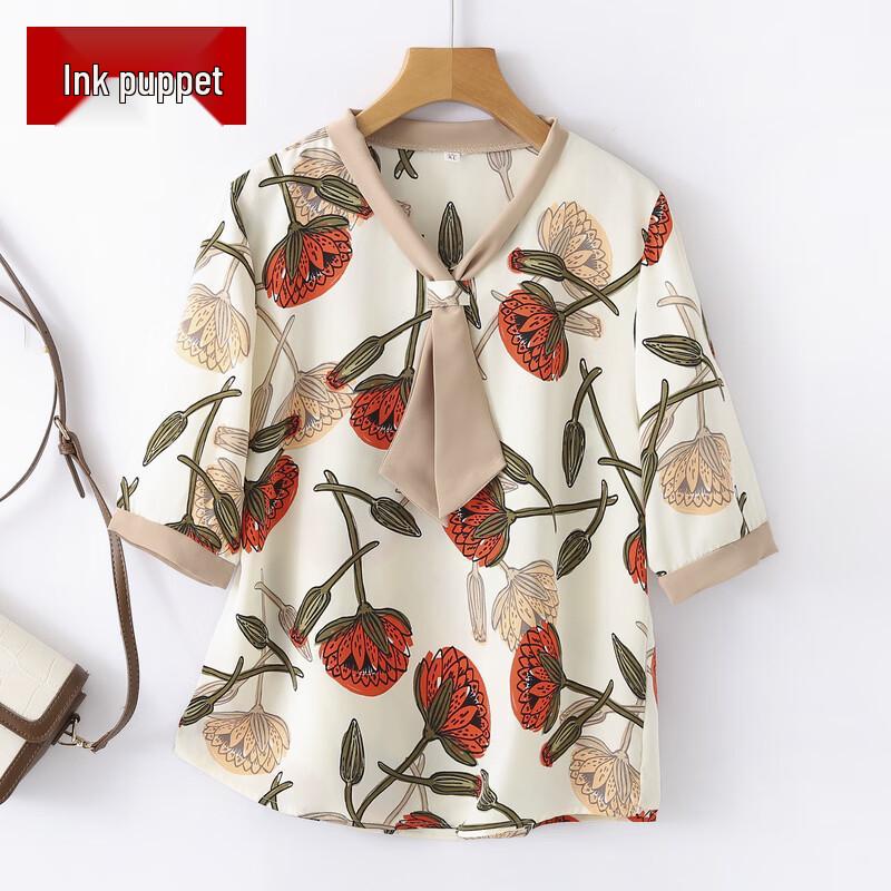 Moou Mid-Aged Women s Chiffon Short Sleeve Tie-Up Blouse Collection 3XL