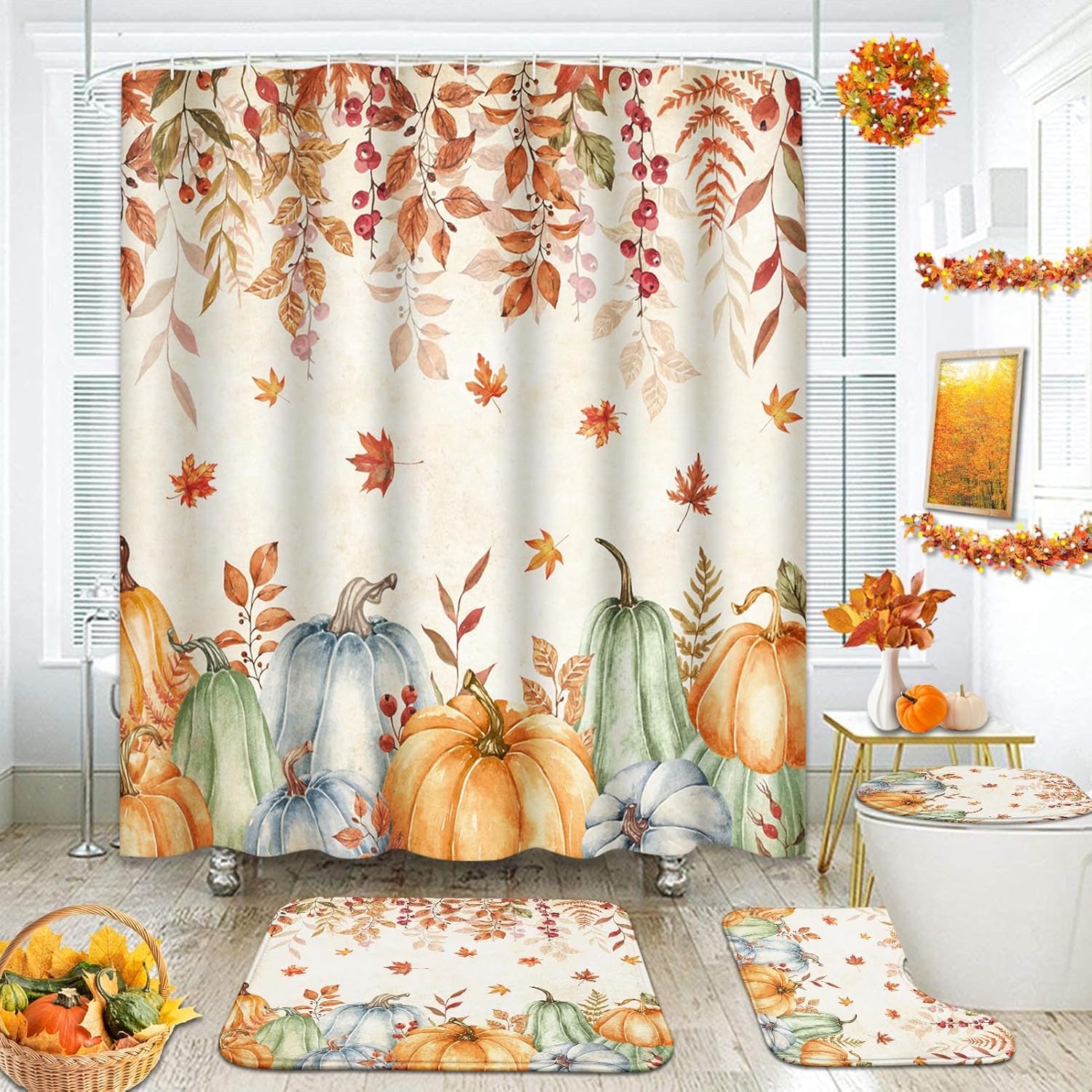 

Arttown Fall Shower Curtain Set With Toilet Lid Cover And Non-Slip Rugs, Gnomes Autumn Pumpkins Teal Truck Thanksgiving Harvest W60H190(CM)-1 Pcs