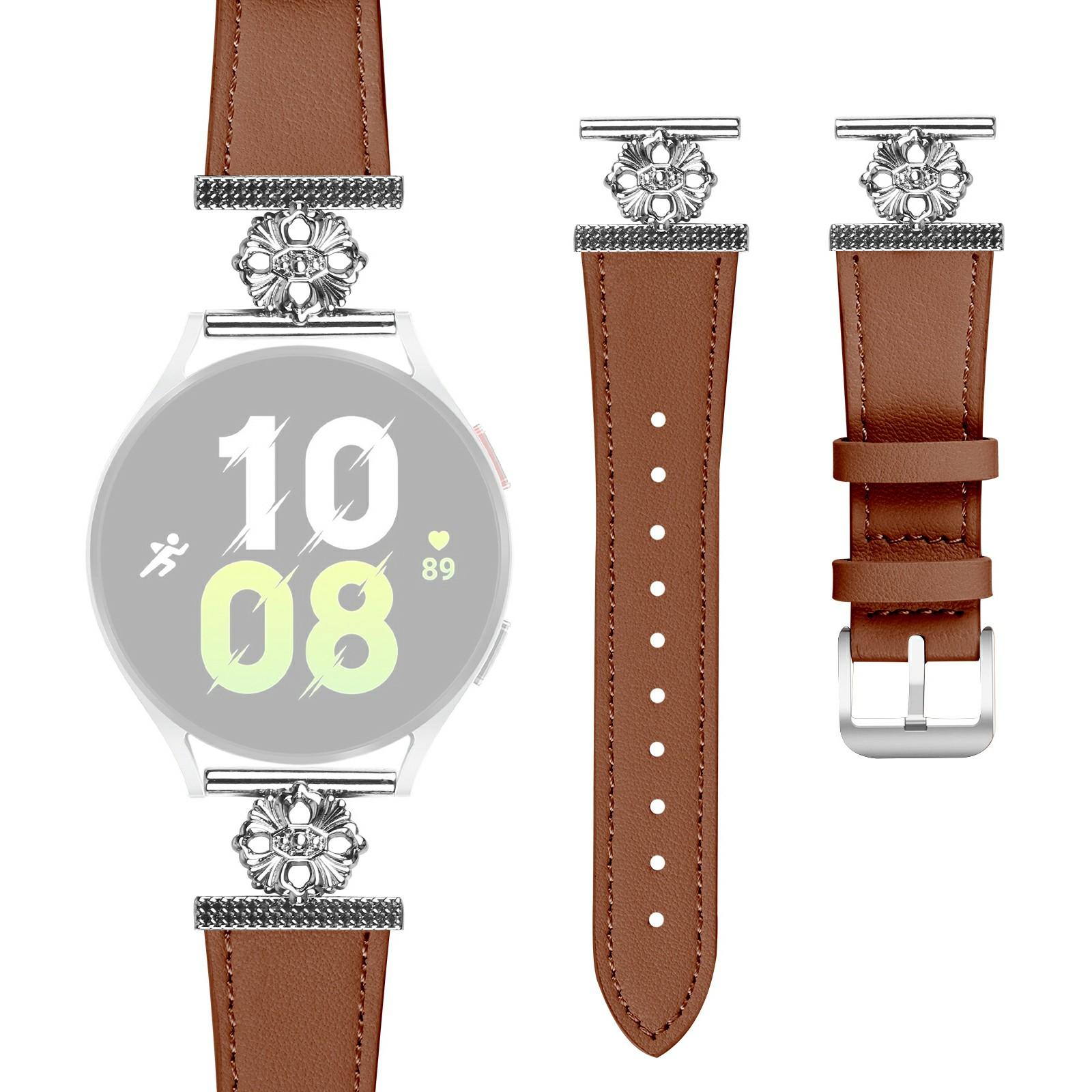 

For Samsung Galaxy Watch 42mm Watch Band Genuine Cow Leather Flower Decor Adjustable Strap Brown