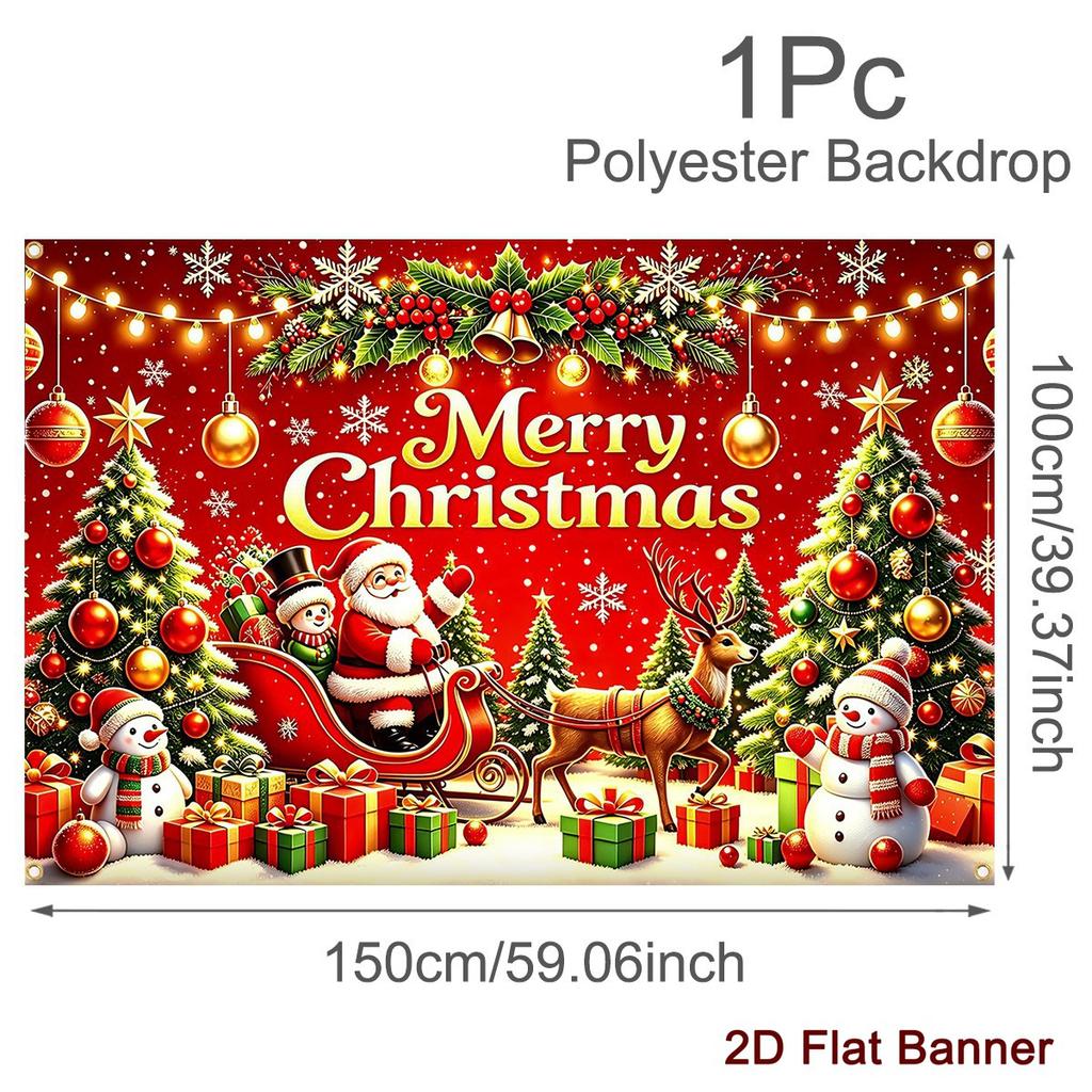 Christmas Polyester Backdrop 150*100cm Santa EIK Print Party Banner for Home & Outdoor Holiday Decor, Christmas Decorati