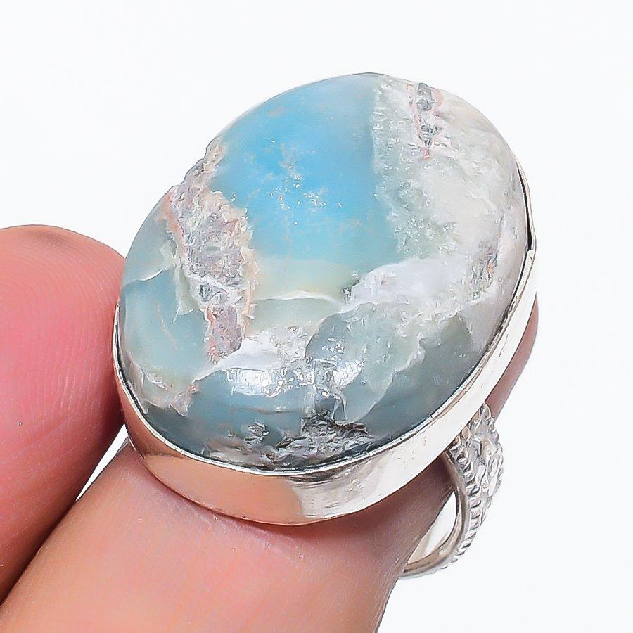 

Natural Larimar Gemstone Handmade 925 Sterling Silver Jewelry Ring Size 7 f0R08
