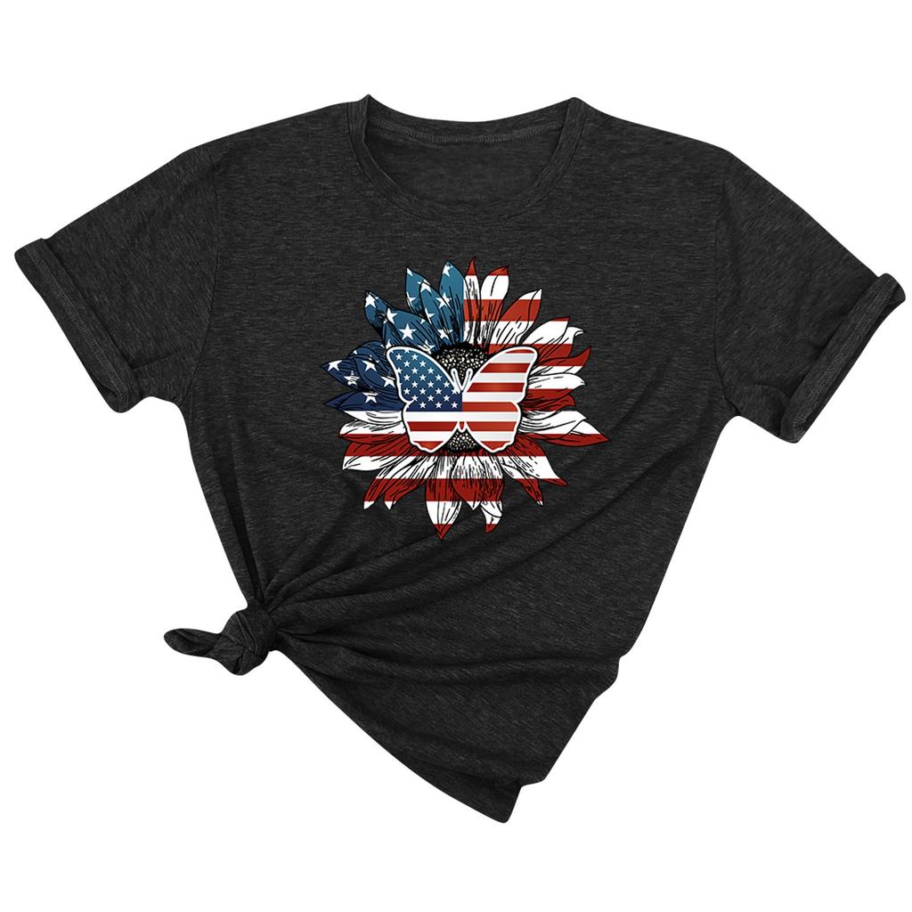 Women's Summer Casual Loose Sunflower Print T-shirt Round Neck Pullover Short Sleeve