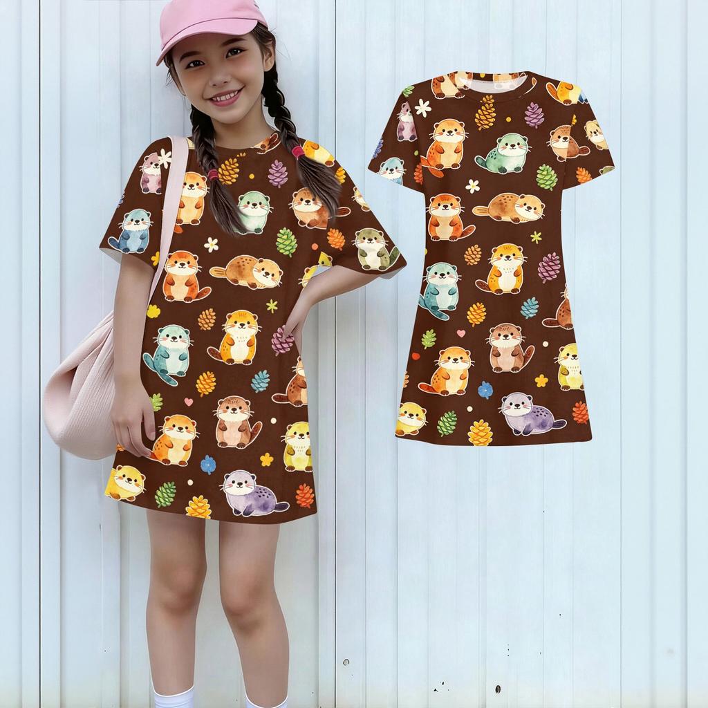Girls Animal Print Dress Short Sleeve Loose Fit Round Neck Lightweight Casual Dress for Kids Summer Wear
