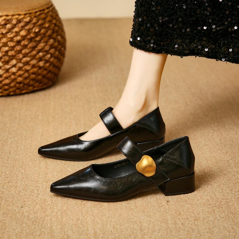 Women's Coarse Heel Shoes Autumn New Pointed Head Shallow Mouth Metal Buckle Anti-slip Wear-resistant Low-top Shoes