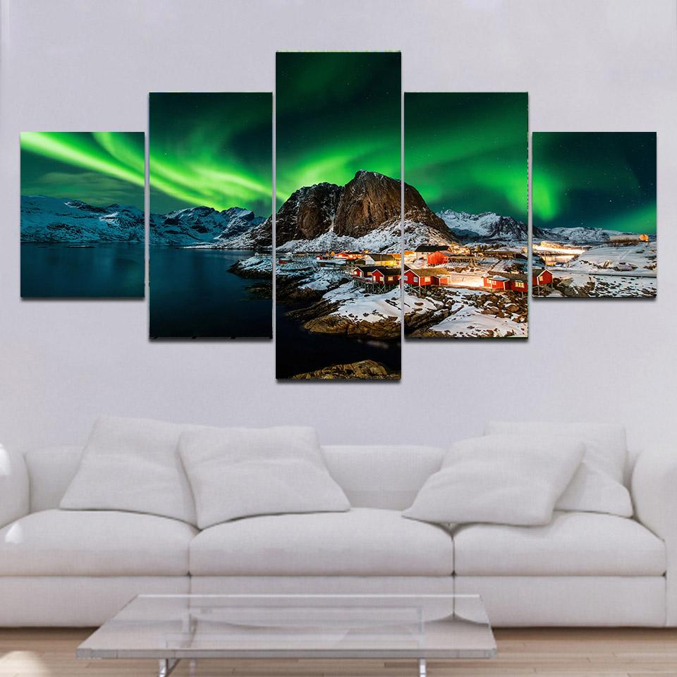 

5 панелей пейзаж Лофотенские острова холст картина зимнее северное сияние постеры и принты настенные художественные фотографии домашний декор без рамки 20x35cm*2 20x45cm*2 20x55cm*1
