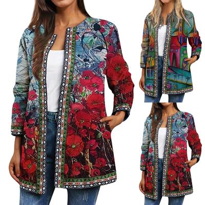 Fashion Ladies Vintage Ethnic Print Long Sleeve Jacket Jacket Cardigan Top