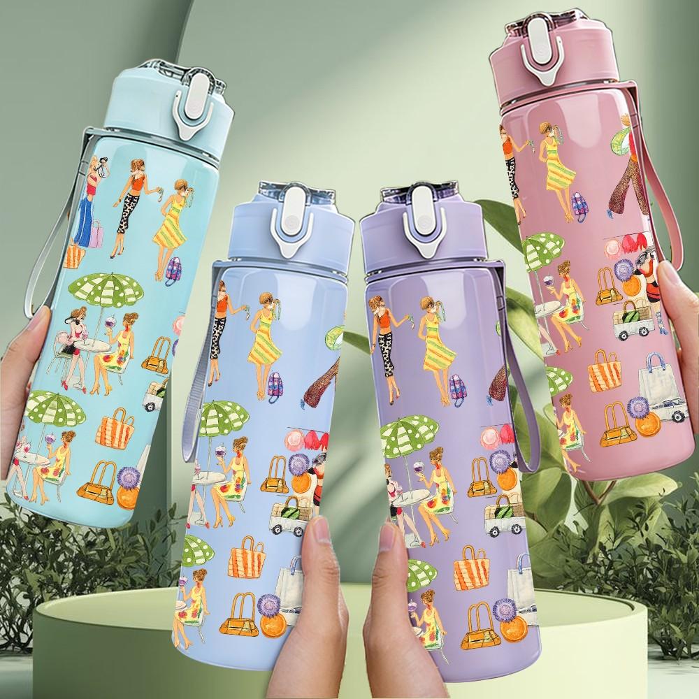 1PC Retro Folk Art Character Parade Print 750ml Color Plastic Sports Water Bottle Leakproof Flip Straw Lid Suitable for Sports Office Home Use